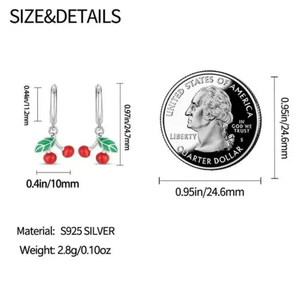 Sterling Silver Red Cherry Huggie Hoop Earrings s925